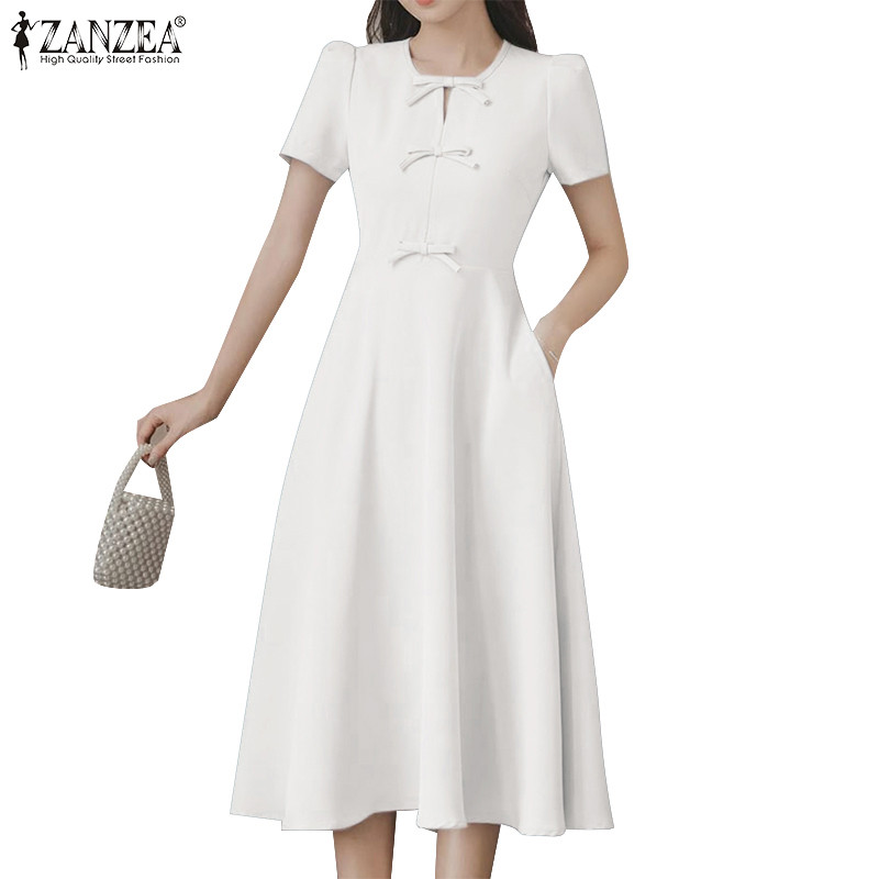 ZANZEA ชุดเดรสคอกลมแขนสั้นแฟชั่นเกาหลีสําหรับผู้หญิงมีกระเป๋า A Line