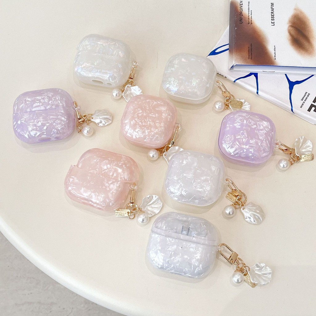 นุ่มเกาหลีพร้อมจี้หินอ่อน Ins สําหรับ Samsung Galaxy Buds 3 3Pro 3FE IMD สีม่วงป้องกันหูฟังปลอก Buds Core Live FE Buds 2 Pro Buds2 ฝาครอบ