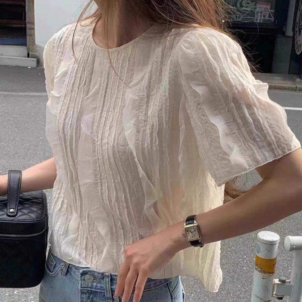 เสื้อเชิ้ตแขนสั้นจับจีบคอกลมสีพื้นอเนกประสงค์สําหรับฤดูร้อน เสื้อแฟชั่นผู้หญิง เดรส