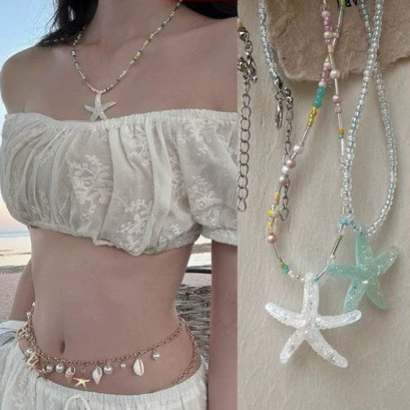 Dancing Starfish Summer Beach Fresh Dopamine Color Y2k Star Beaded Collarbone Chain Sweet Cool Stacked Necklace รวมภาษีแล้ว