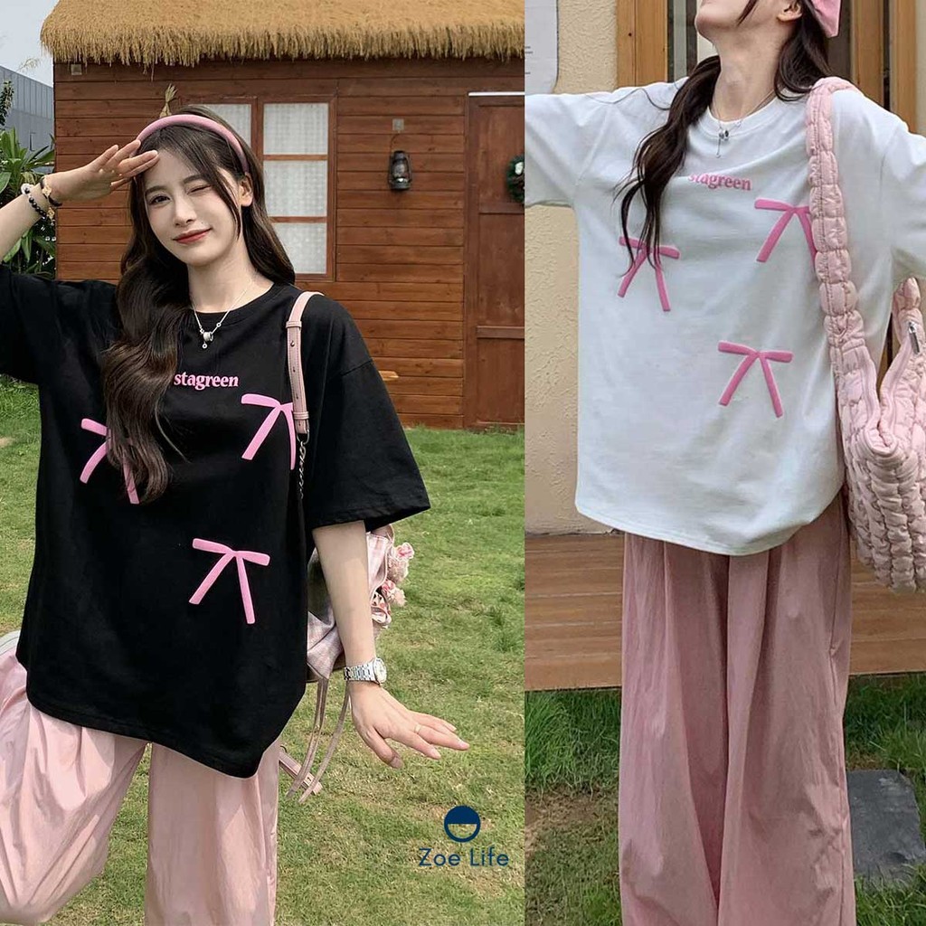 เสื้อยืดแขนสั้นคอกลมมีโบว์ ดีไซน์สวยหวาน
