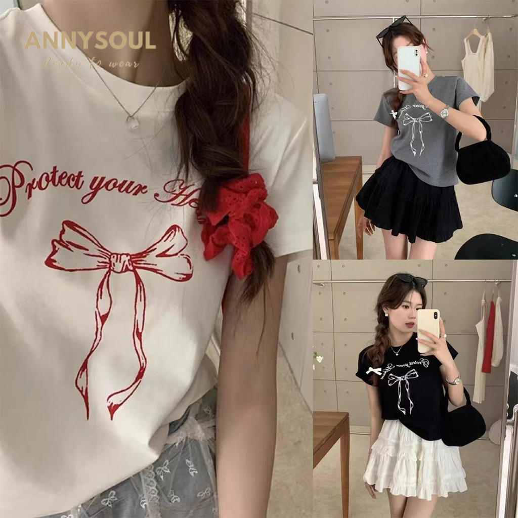 เสื้อยืดเกาหลีแขนสั้น สไตล์ตัวอักษรและโบว์สำหรับฤดูใบไม้ผลิ