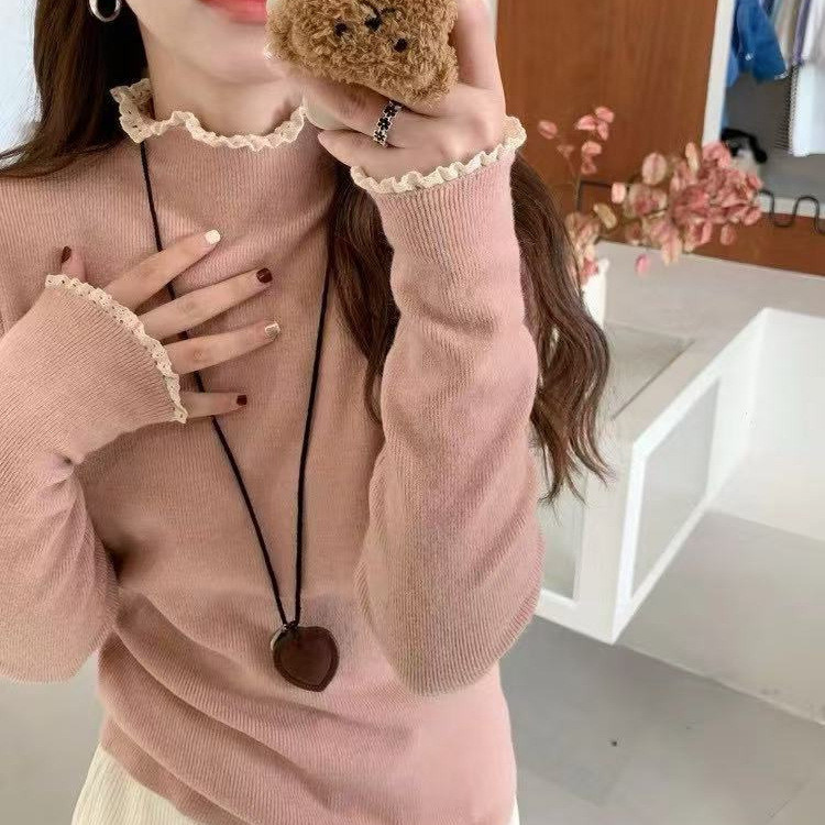 ครึ่งคอเต่าลูกไม้ขอบเสื้อกันหนาวผู้หญิงสไตล์ใหม่ด้านในบางพอดี ผอมลง ดู