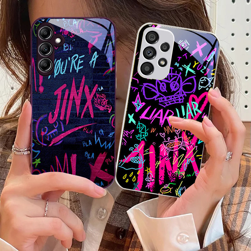 Arcane สาว Jinx Graffiti กระจกนิรภัยเคสโทรศัพท์สําหรับ Samsung Galaxy S24 Plus S20 FE S23 Ultra A16 A15 A70 A72 A73 A50 A51 A52 A53 หรูหราสีฝาครอบโทรศัพท์