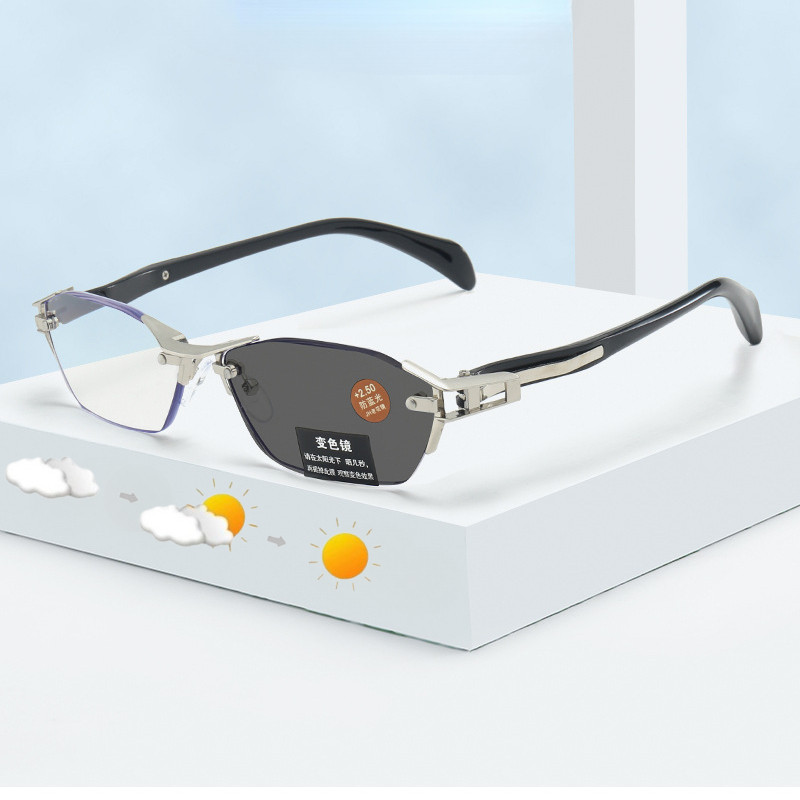 โครงเหล็กธุรกิจ Photochromic Rimless เกรดอ่านแว่นตาสําหรับชายป้องกันรังสี Leisure กลางแจ้ง Anti UV แฟชั่น Original คุณภาพสูงแว่นตา SPG797