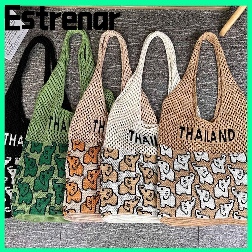 กระเป๋าสะพายไหล่ ESTRENAR กระเป๋าใต้วงแขนทอช้างถักความจุขนาดใหญ่เรียบง่ายกระเป๋าโท้ทกลวงผู้หญิงสาว