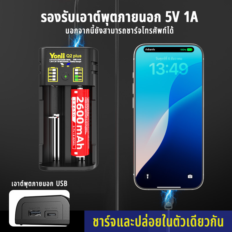 เครื่องชาร์จถ่าน 21700/26650/ถ่านชาร์จ 18650 Yonii Q2 Plus เพาเวอร์แบงค์3.6V/3.7V รองรับการจ่ายกระแสไฟฟ้าผ่าน USB(5V 1A)