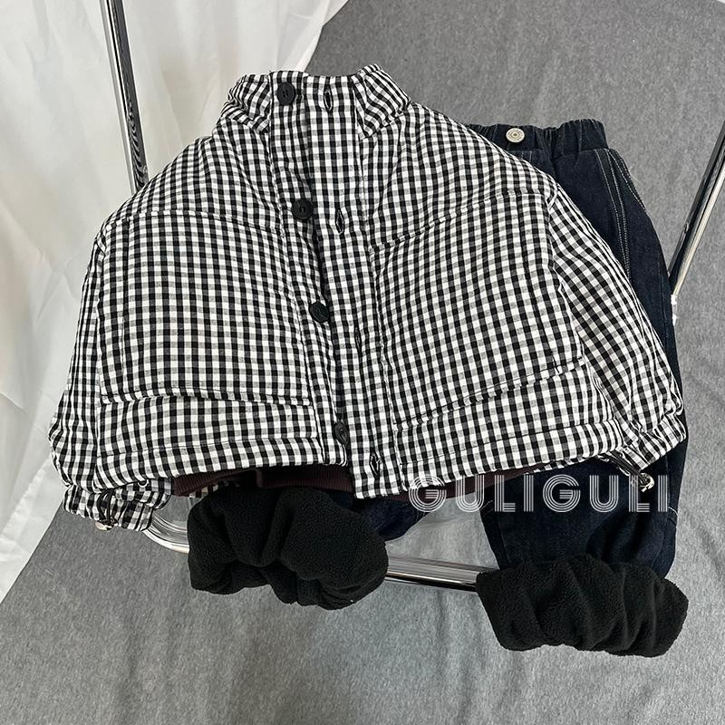 แจ็คเก็ตเด็กชายฤดูหนาวเสื้อผ้าเด็กหนาอบอุ่นลายสก๊อตเด็กถนนสวมผ้านวมด้านบน