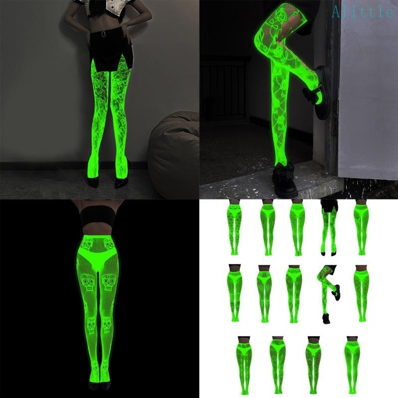 Alia ผู้หญิงเรืองแสงใน Dark Fishnet ถุงน่องถุงน่องฮาโลวีน Luminously Spiderweb Skull รูปแบบตาข่าย Pantyhose สําหรับ P
