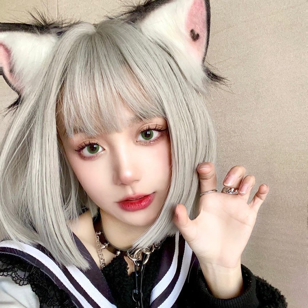 วิกผมหญิงผมสั้น Bobo Bobo Head นักเรียน Harajuku ธรรมชาติเหมือนจริง COS หน้ากลมผมปลอมเต็มหมวก