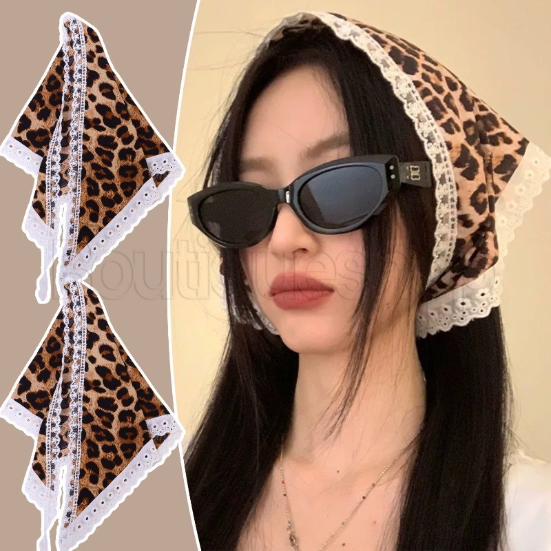 [ แนะนํา] Vintage Leopard Triangle Headscarf - ประณีต Head Bands Headwear - Bandana Laciness Kerchief - ผ้าพันคอปาร์ตี้ฝรั่งเศส - เครื่องประดับผมสาว