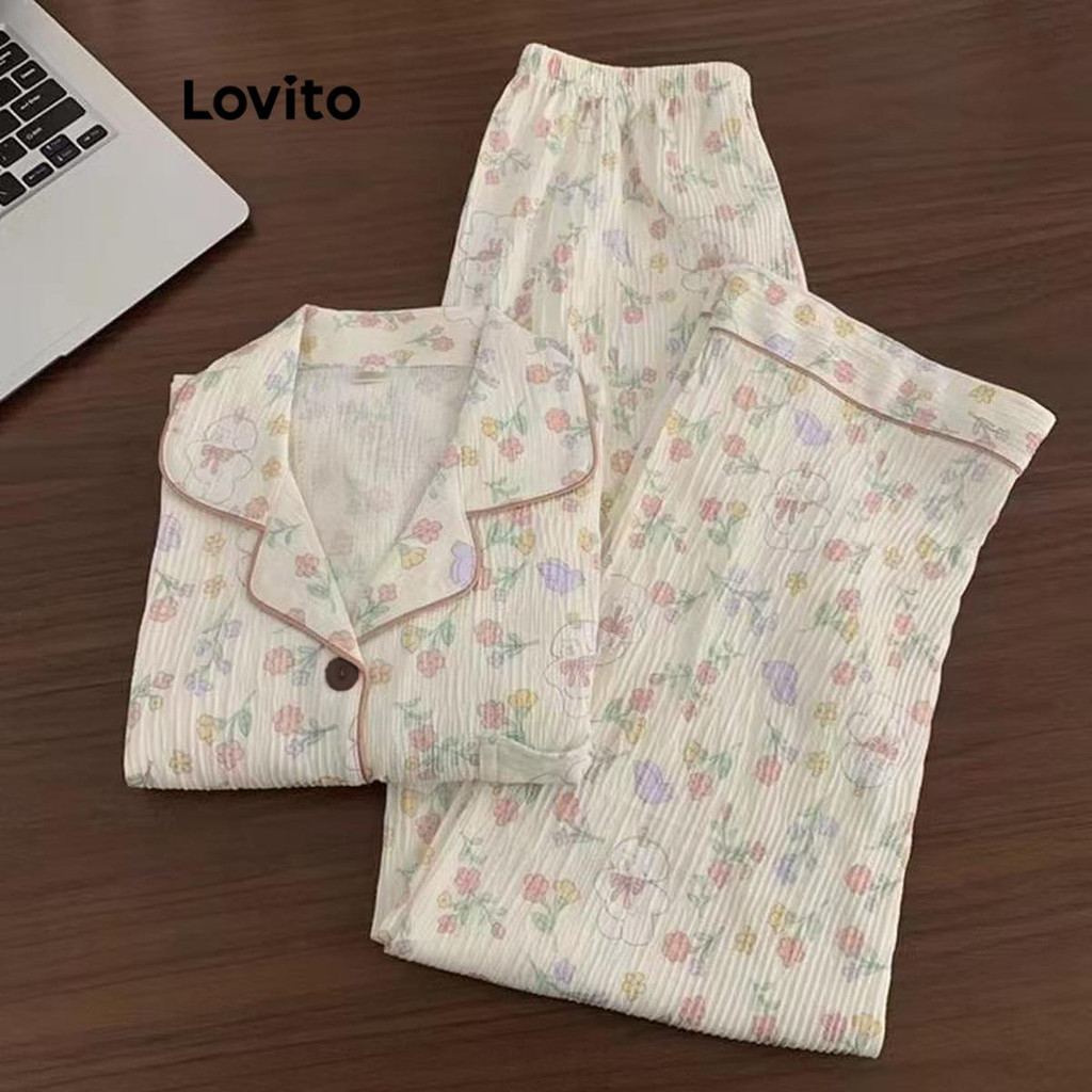 Lovito ชุดนอนผู้หญิง สีพื้น แบบพิมพ์ลาย LNA70356