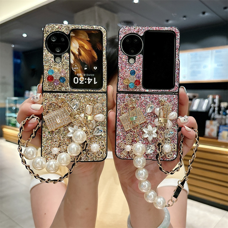 Aesthetic Niche กันชนสําหรับOPPOค้นหาN3 N2 Flipแฟชั่นการออกแบบHard PC Glitter N3Flip N2Flipสร้อยคอผู