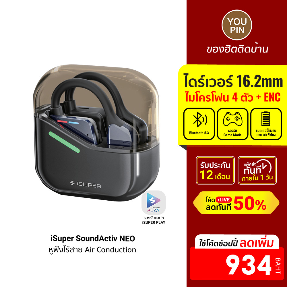 [ลดเหลือ 934] iSuper SoundActiv NEO หูฟังไร้สาย ออกกำลังกาย ไดร์เวอร์ 16.2 มม. ไมค์ดี คุยชัด ใส่สบาย -1Y