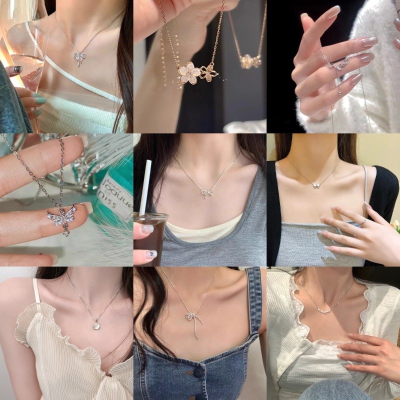 สร้อยคอหรูหราหวานเพทายผีเสื้อพู่กระดูกไหปลาร้าโซ่เครื่องประดับอุปกรณ์เสริม