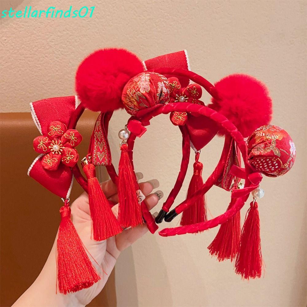 Stellarfind Hanfu ผม Bun ผม Hoop, พู่ Tang ชุดผม Hoop ตรุษจีน Headwear, หวาน Plush Ball ตุ๊กตาสาวอุปกรณ์เสริมผมสีแดง Hairband เด็ก