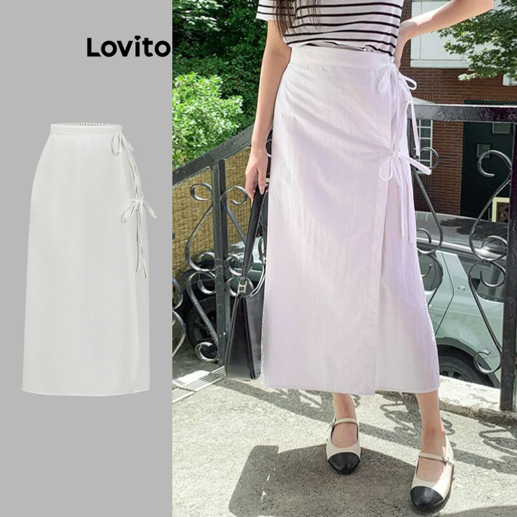 Lovito กระโปรงผูกเชือกแบบเรียบง่ายสำหรับผู้หญิง L109MD626