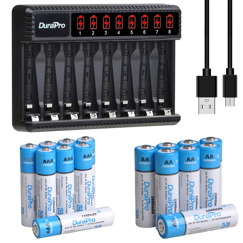 DuraPro AA Rechargeable Batteries 2800mAh + AAA Rechargeable Battery 1100mAh with 8Slots Charger for