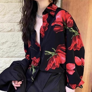 mimi&didi#เสื้อชีฟองแขนยาวผู้หญิง พิมพ์ลายดอกกุหลาบย้อนยุค เ…