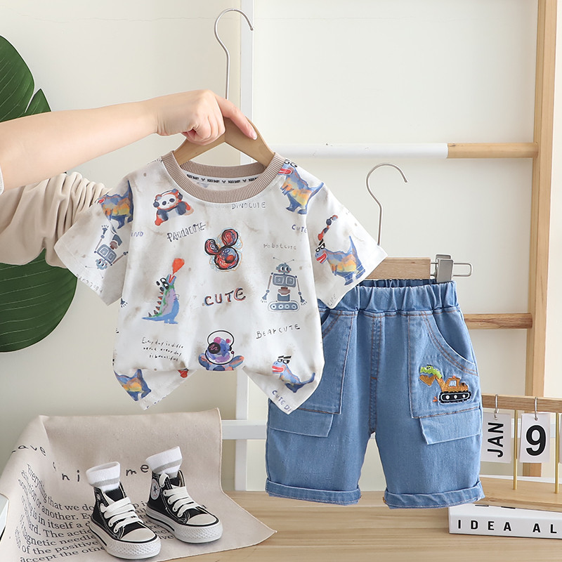 ฤดูร้อนเด็กวัยหัดเดินเสื้อผ้าชุดพิมพ์หุ่นยนต์รูปแบบแขนสั้น เสื้อยืด & กางเกงขาสั้นชุดสําหรับ เสื้อผ้า ชุดวอร์มชายเสื้อผ้าชุด