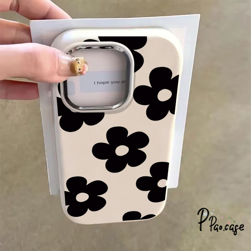 แฟชั่นดอกไม้สีดำน่ารักเข้ากันได้เคสไอโฟน 11 17 AIR 16 15 13 12 14 Pro Max 15 7 8 Plus XR X XS Max SEเลนส์โลหะหรูหราคส