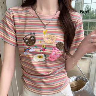 Bh เสื้อยืดแขนสั้นลายทางปักสีรุ้งสําหรับผู้หญิงคอกลมสีตัดกันแบบสั้นทรงเข้ารูป