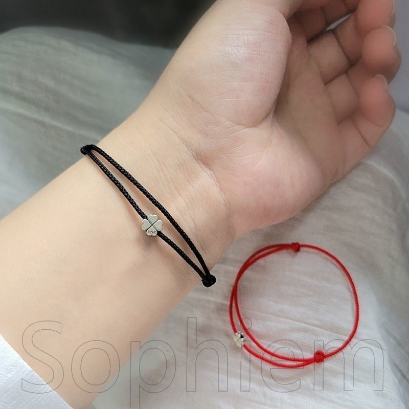สร้อยข้อมือคู่รัก โชคดี โคลเวอร์ - เชือกมือถักสีแดงสีดํา - แฮนด์เมด วินเทจ แฟชั่น - เครื่องประดับ เครื่องประดับ - ของขวัญวันวาเลนไทน์สําหรับผู้