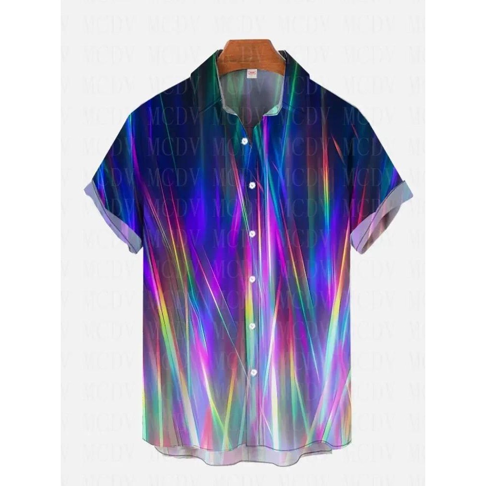 Vintage Disco Psychedelic Gradient Rainbow Neon Light พิมพ์เสื้อแขนสั้นเสื้อฮาวาย