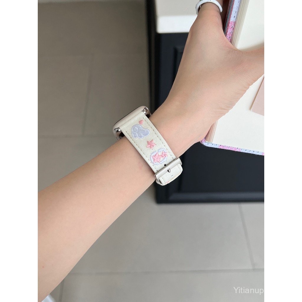 สมาร์ทนาฬิกา S9/8/7 /se/ 6/5/4/3/2/1ปักปีกสายหนังผ้าใบ38/40/41/42/44/45/49mm22mmสายรัด สายหนัง สาย