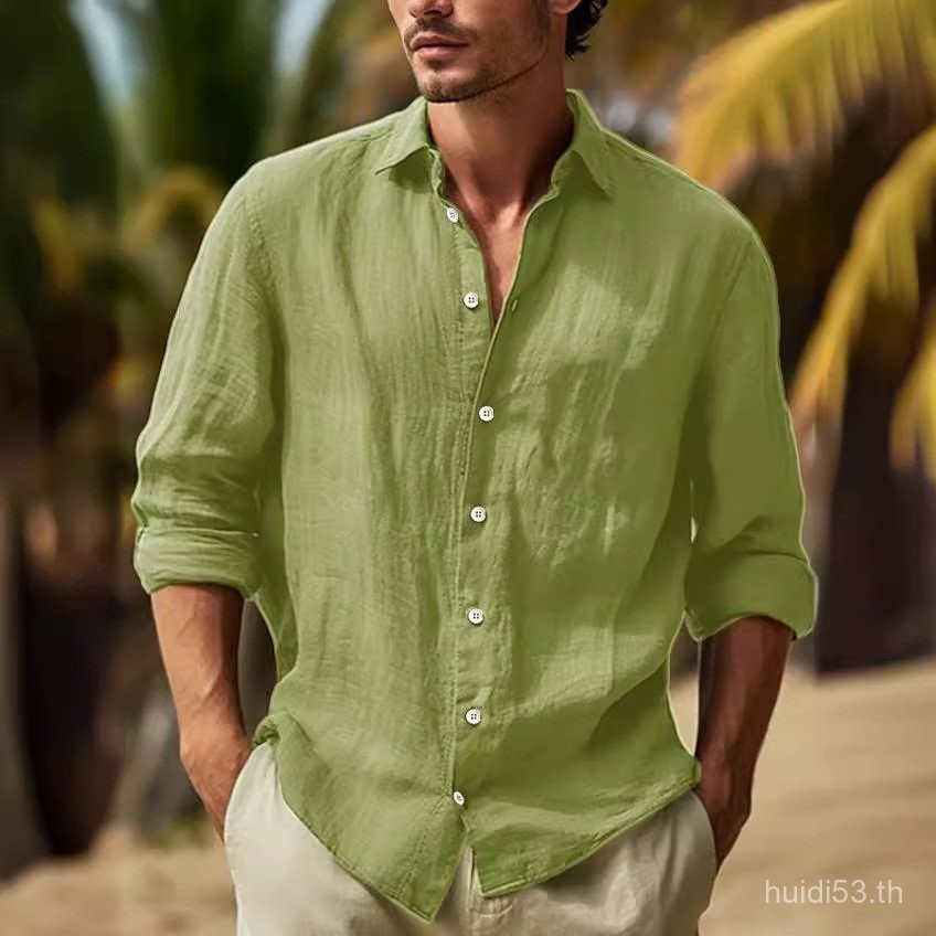ใหม่ เสื้อเชิ้ตแขนยาวผู้ชายผ้าฝ้ายลินิน สีพื้น คอปกพับ สไตล์ลำลอง มีในสต็อก เสื้อผู้ชาย