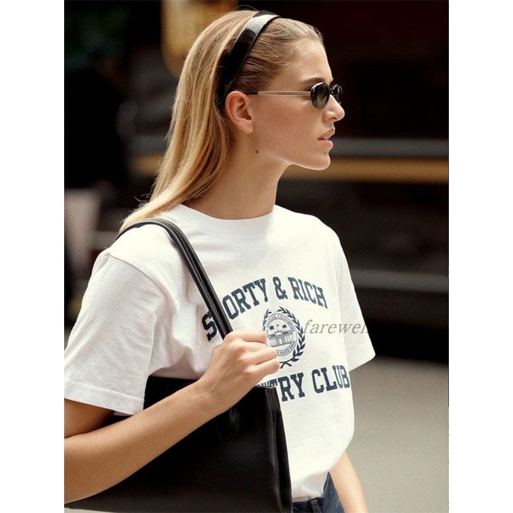 ฤดูใบไม้ผลิฤดูร้อนสไตล์ใหม่ Sporty & Rich American Retro รูปแบบตัวอักษรพิมพ์รอบคอผ้าฝ้ายผู้ชายผู้หญิงเสื้อยืดแขนสั้น