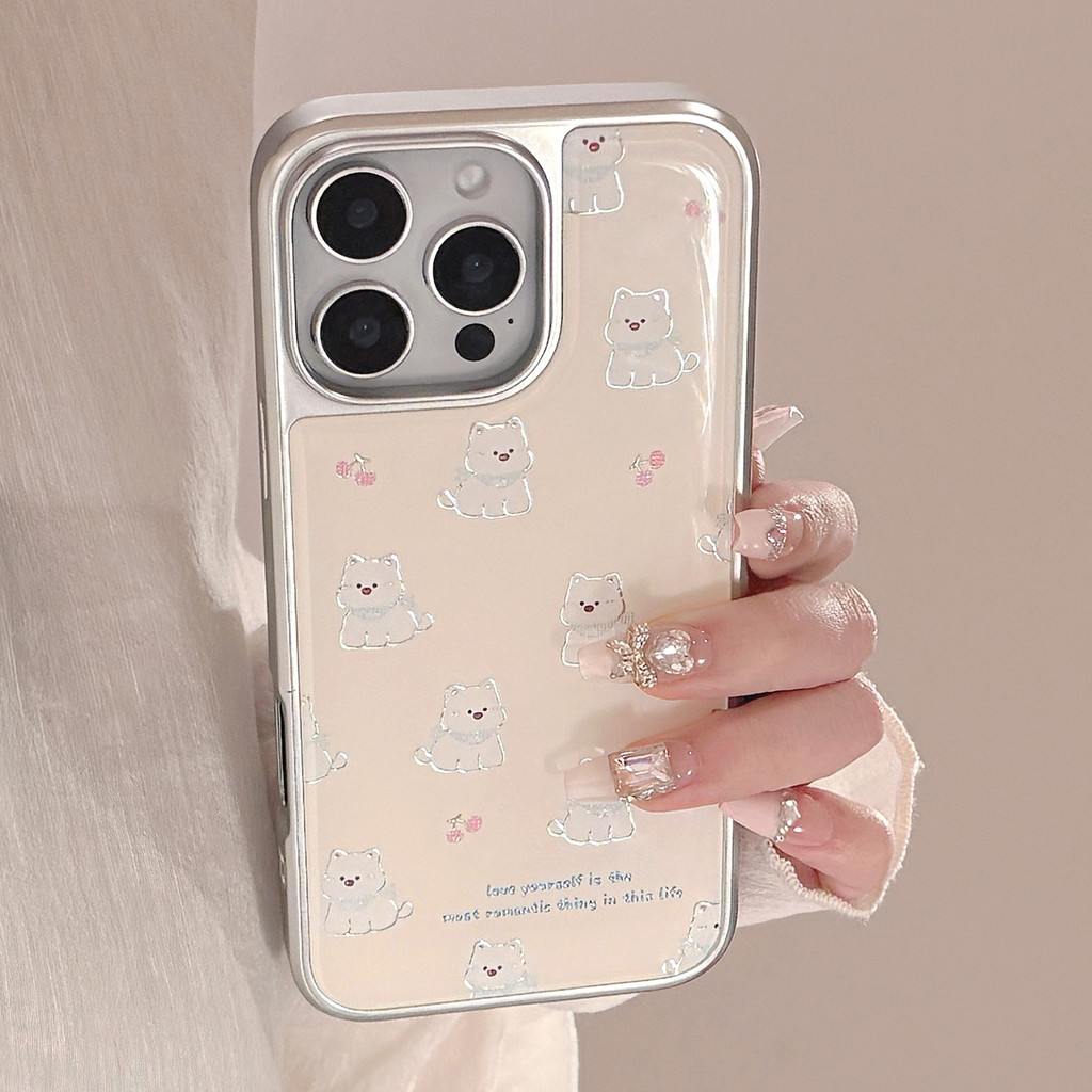 Huiwanju ลูกสุนัขเคลือบด้วยไฟฟ้าขอบเงินสําหรับ iPhone15/16promax เคสโทรศัพท์มือถือสาวหัวใจ apple 13/14 ง่ายขนาดเล็กสด 11/12 เคสป้องกัน