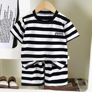 MooDeng Baby ชุดสองชิ้น เสื้อ กางเกง สไตล์เกาหลี ลายทาง แขนสั้น กางเกงขาสั้น แบบบาง ใส่สบาย เส้นใยเหนียว โพลืเอสเตอร์