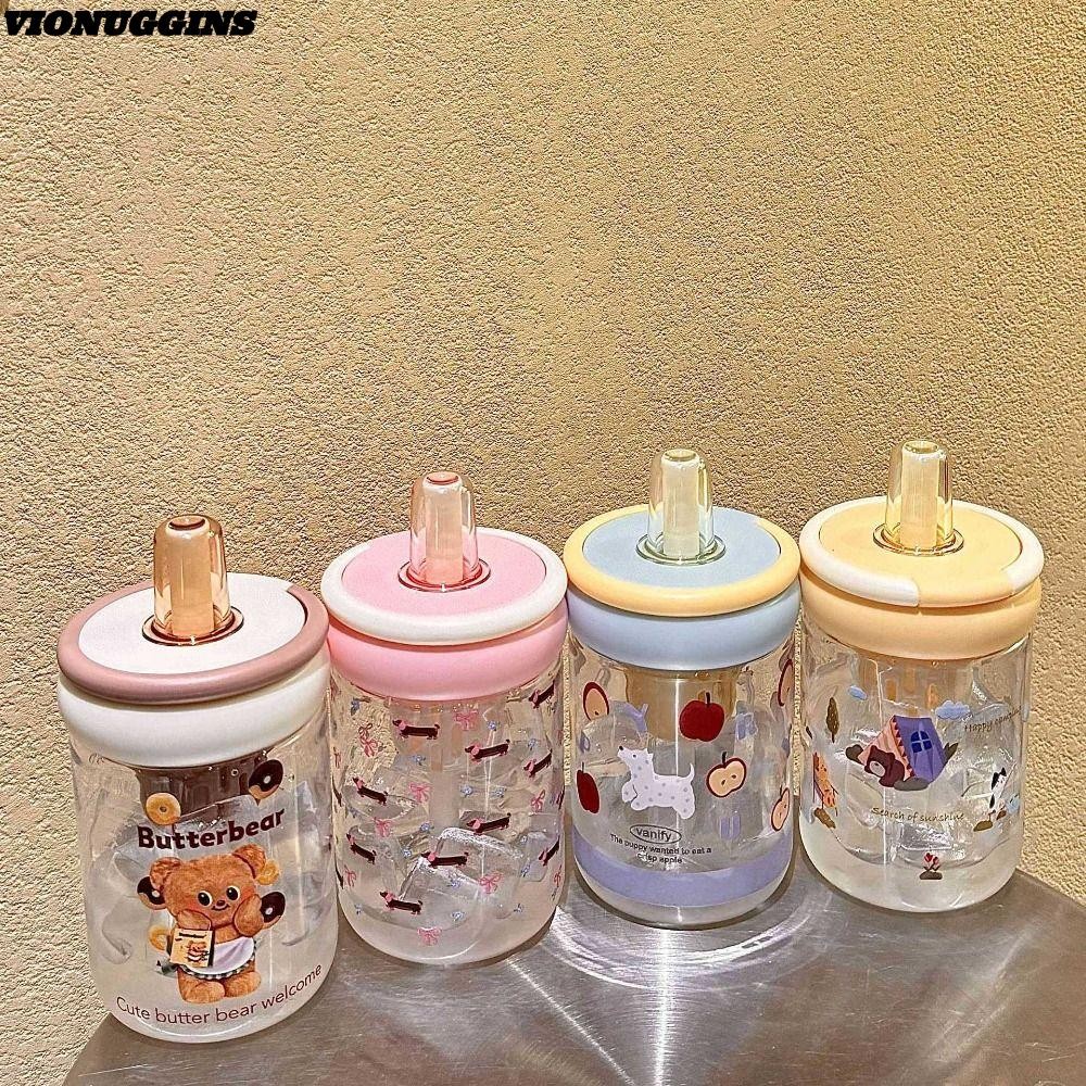 ถ้วยพลาสติก VIONUGGINS,ถ้วยฟางแยกชาหมีเนย,ขวดน้ําการ์ตูนใส 500 มล