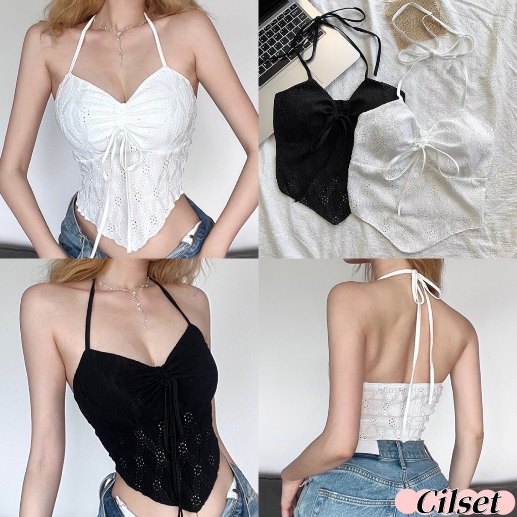 Cilset🛒พร้อมส่ง🎀เสื้อผูกคอ ดีเทลฉลุ มี 2 สี ใส่ไปทะเลเชกซี่ อกแขวนคอขนานสำหรับผู้หญิงฤดูร้อนสั้นสีข/FY9064