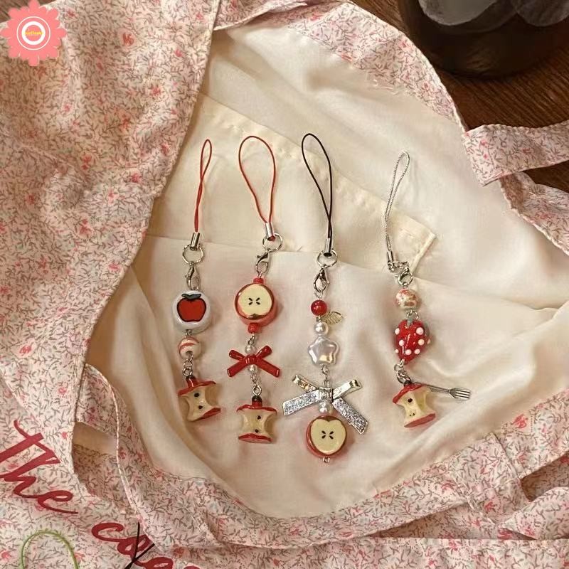 แฟชั่นผลไม้สดแกนน่ารักโบว์โบว์ใบสร้อยข้อมือลูกปัดสีแดงพวงกุญแจสร้างสรรค์แฟชั่นอุปกรณ์เสริมตกแต่งสากลกรณีโทรศัพท์แขวนเชือก