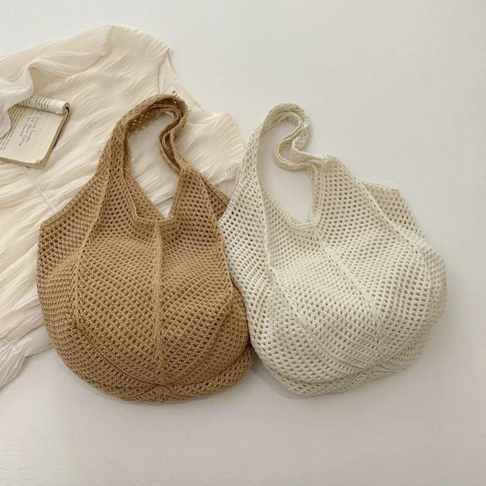 Isitaft โครเชต์ตาข่าย Tote, Hollow Out Soft ผู้หญิงถักไหล่กระเป๋า, Bohemian อเนกประสงค์สีทึบขนาดใหญ่ความจุกระเป๋าช้อปปิ้งเรียบง่ายชายหาด