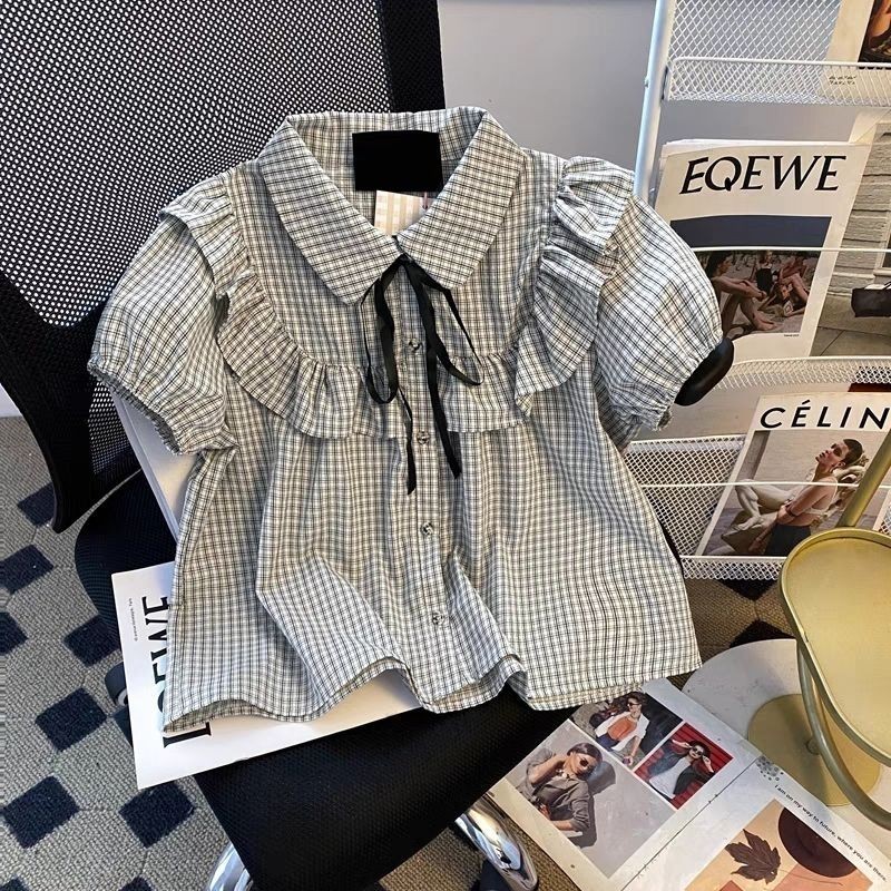 Mona~ผูกขึ้น ตาหมากรุก แขนสั้น ประกบ แขนสั้น เสื้อเชิ้ต เวอร์ชั่นเกาหลี สไตล์หวาน สไตล์ใหม่