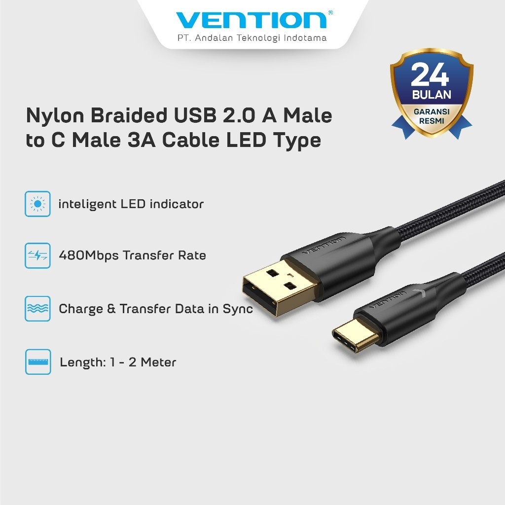 Vention Nylon Braided USB 2.0 A Male to C Male 3A LED Type 3A 480Mbps ไฟ LED 25CM 50CM 1M 1.5M 2M 3M