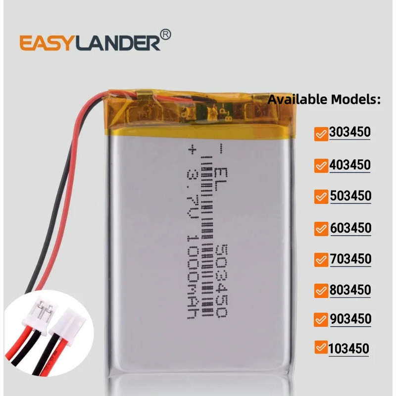 JST PH2.0 2pin 3.7V 1000mAh 503450 303450 403450 603450 703450 803450 903450 103450 Lithium Polymer 