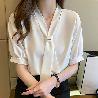 Ecokauer Women Korean V Neck Short Sleeve Tie Solid Color Button Holiday Office Work Blouse