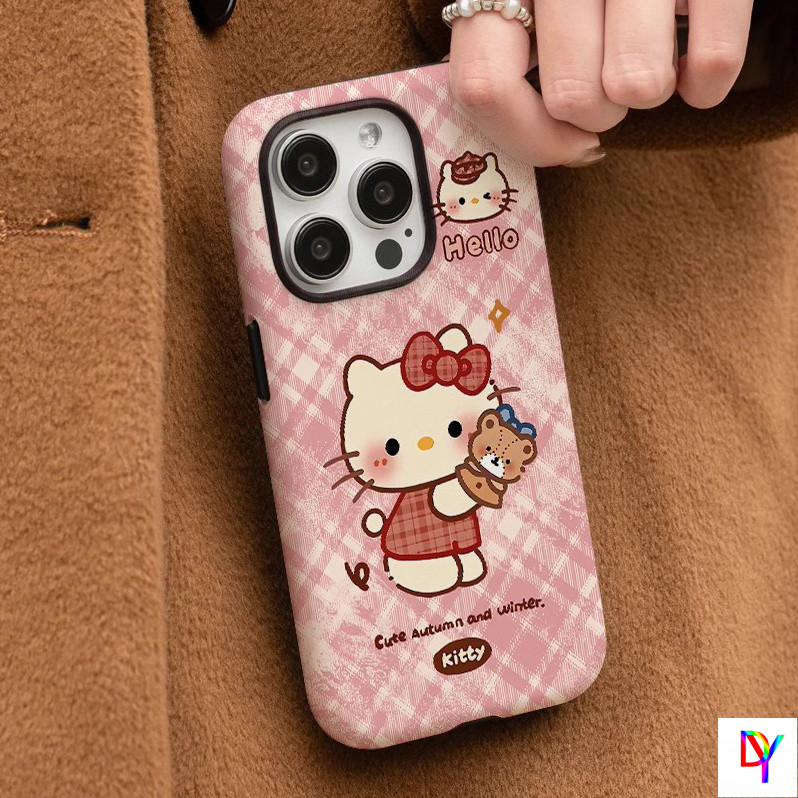 สีชมพูตาหมากรุก Hello Kitty iphone 16/17promax เคสโทรศัพท์ Iphone15/16Pro ฟิล์ม 2-in-1 14/13Promax 12/11promax 7/8Plus Xsmax เคสป้องกันการตกสองชั้น