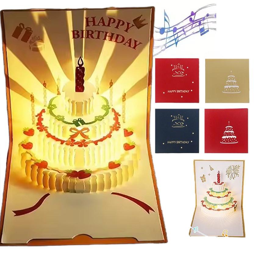 การ์ดเค้กวันเกิดดนตรี 3 มิติ / การ์ดอวยพรป๊อปอัพไฟ นํา / การ์ดข้อความของขวัญซองจดหมาย