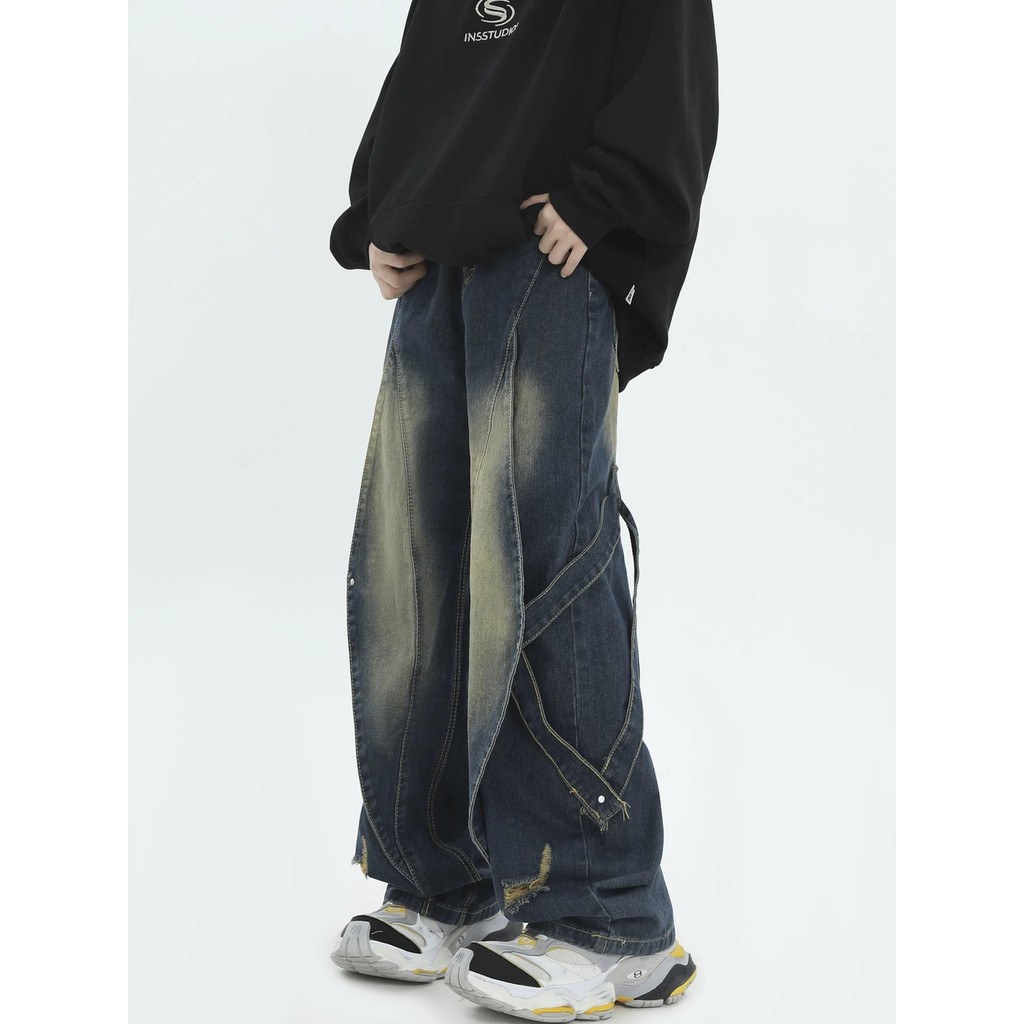 MNO.9 กางเกงยีนส์ขายาวผู้ชาย Jeans G61 กางเกงยีนส์แต่งสาย Y2K streetwear วินเทจ