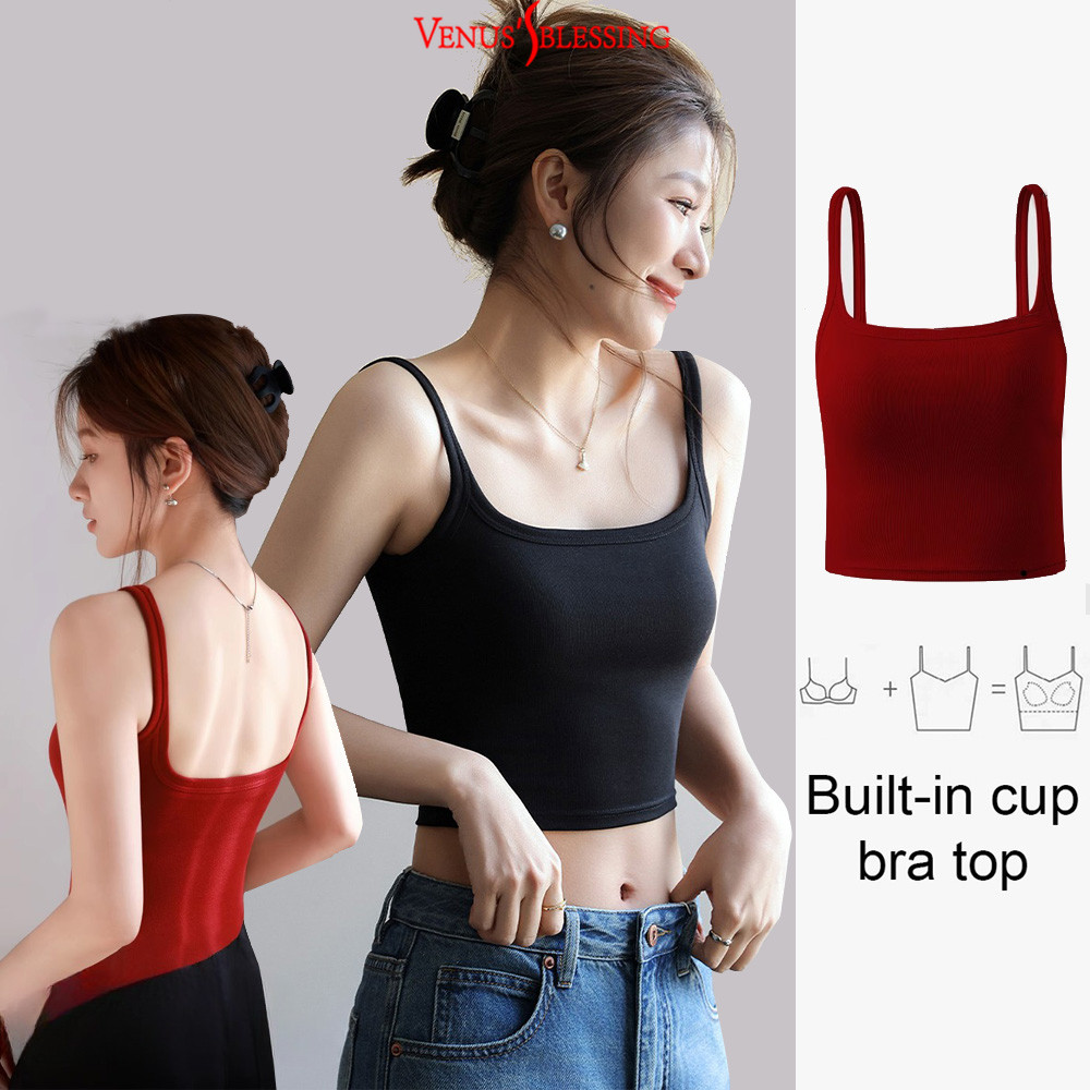 ( Ready Stock ) 2-in-1 วินเทจสแควร์คอปก ยู-กลับ สาวสั้น เสื้อชั้นในสตรี ผู้หญิงนุ่มพืชยอดนิยมที่มีคุณภาพสูงระบายอากาศถ้วย