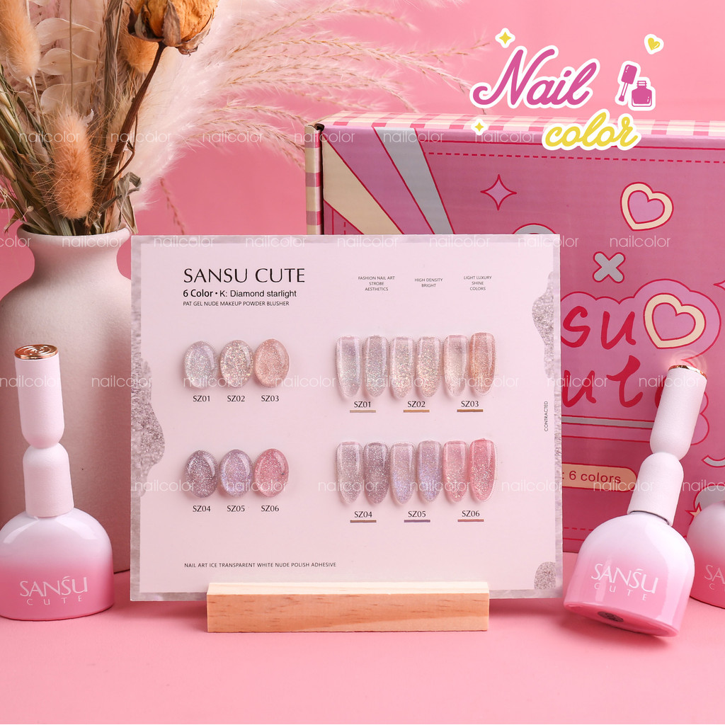 [คลังสินค้าพร้อม] SANSU ชุดแต่งเล็บ Diamond Starlight 6 สี (15 มล. ฟรีการ์ดสี+ฐานไม้) กาวยาทาเล็บเพชร เพชรสีชมพู