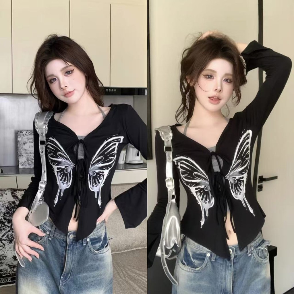 Vivian แขนยาว คอวี ลายผีเสื้อ เสื้อสายเดี่ยว+เสื้อแขนยาวชุดสองชิ้น แขนยาวไม่สม่ำเสมอ สลิมฟิตสไตล์ลำลองส่งไวจากไทย#11583