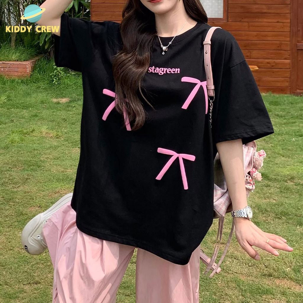 เสื้อยืดแขนสั้นคอกลม ดีไซน์เรียบง่ายมีโบว์ที่คอ
