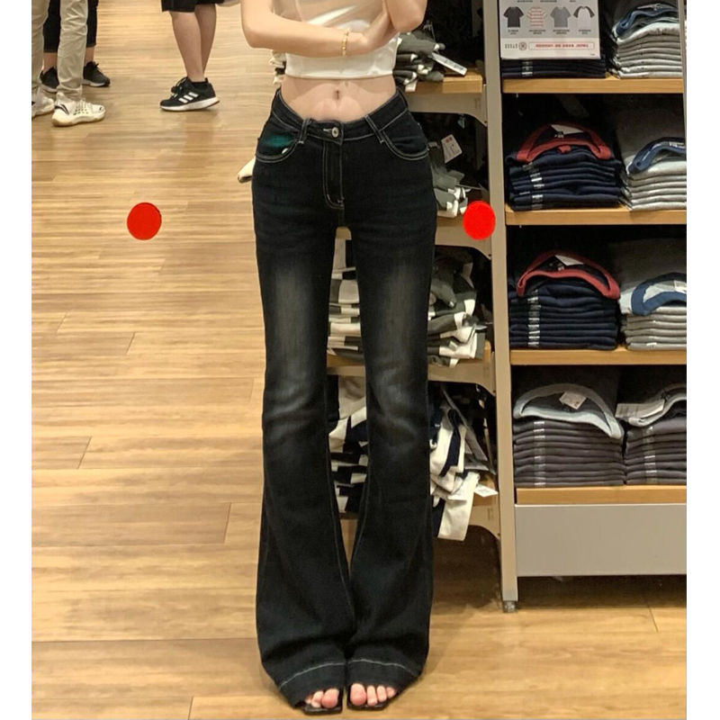 American Hot Girl Retro Dark Blue Simple All-Match Micro-Flap กางเกงยีนส์ผู้หญิงขนาดเล็กเอวสูงยืดตรง Slimmer ดู Horseshoe