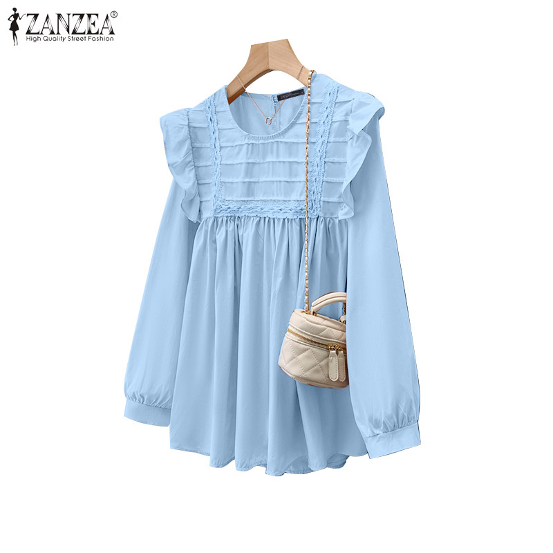 Zanzea เสื้อเบลาส์คอกลมแขนยาวลําลองวินเทจสําหรับผู้หญิง